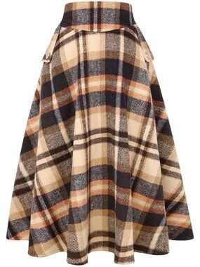 Women's Plaid Brown Fall Winter High Waisted Wool Plaid A-line Long Maxi Skirt